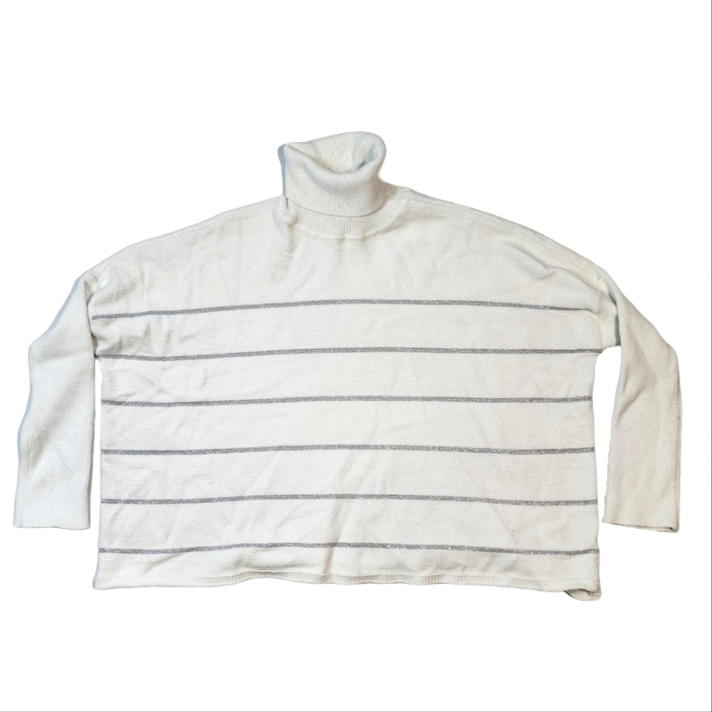 Cupcakes & Cashmere Striped Crop Turtleneck Sweater White Grey Size Large - Picture 2 of 5